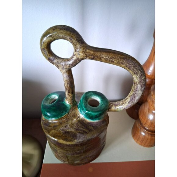 Vintage Handcrafted Ceramic Double-Spout Vase Unique Handle Design Earthy Green - Picture 4 of 7